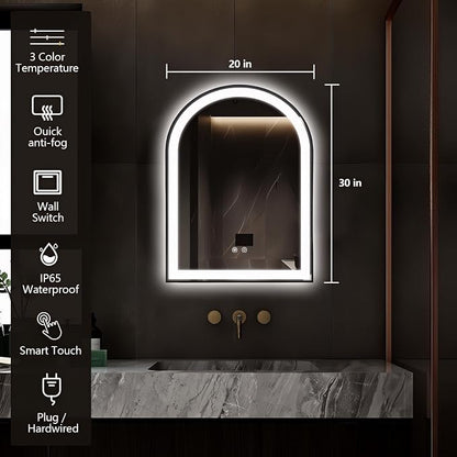 Arched LED Bathroom Mirror, 32"x20" Arch Backlit Vanity Mirror with Lights, Frontlit, Dimmable, 3 Colors, Memory Function, Anti-Fog Smart Mirror, Black Frame, Shatterproof, UL Listed