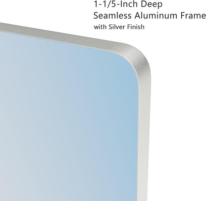 VocalStar Silver Bathroom Mirror for Wall, 24 x 32 Inch Rounded Rectangle Nickel Metal Framed Bathroom Vanity Mirrors, 1/4-inch Shatterproof Glass | Ultra-Flush Hanging