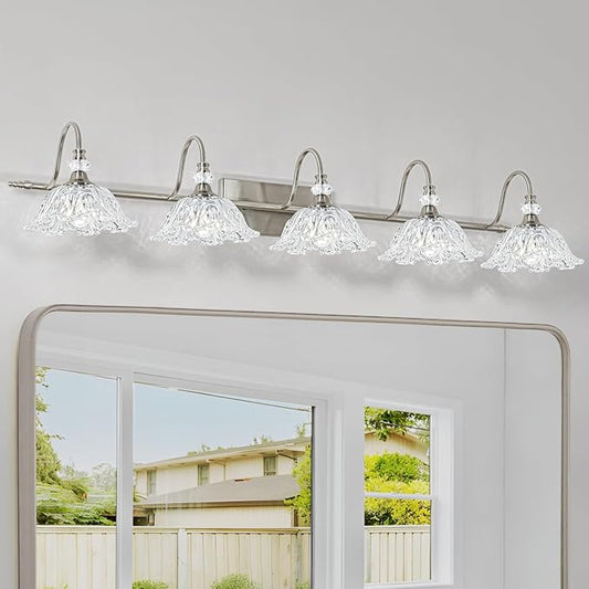 Brushed Nickel 5-Light Bathroom Vanity Light with Floral Clear Glass Shades, Brushed Nickel Wall Mount Lighting for Bathroom, Dressing Table