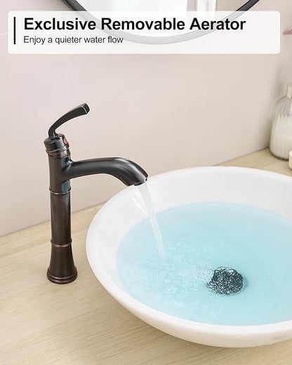 Brass Tall Bathroom Faucet 1 Hole, Oil Rubbed Bronze Bathroom Vessel Sink Faucet Single Handle with Pop-Up Drain & Pre-Installed Hoses, 5 Mins Install