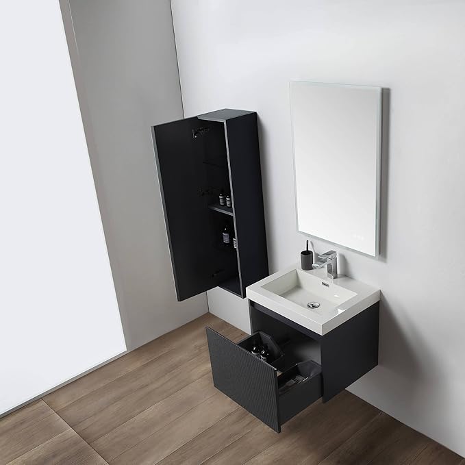 Blossom 24 Inch Bathroom Vanity with Sink and Side Cabinet, All Wood Floating Bathroom Vanity with Acrylic Sink, Bathroom Sink Cabinet with Soft-Close Drawer, Modern Style Vanities, Night Blue