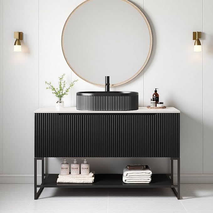 Ambrovina 48" Bathroom Vanity with Single Sink, Freestanding Bathroom Storage Cabinet with 3 Doors and Open Shelf, Striped Oval Ceramic Basin and Carrara White Sintered Stone Countertop, Gloss Black