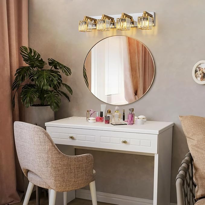 Crystal Bathroom Vanity Light Gold Chrome 4-Light Modern Chrome Vanity Light for Bathroom Square Wall Sconce