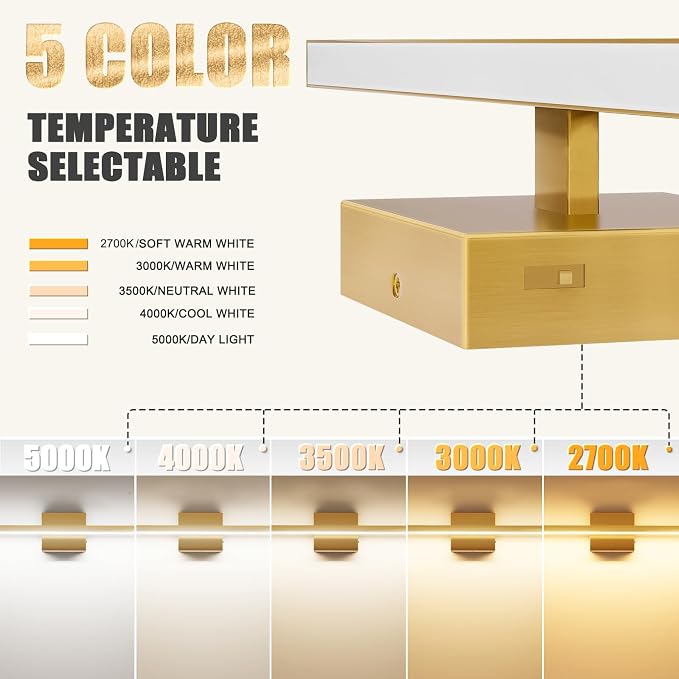 VOLISUN Modern Bathroom Vanity Light 24 inch, 14W Dimmable 5CCT Led Bathroom Light Fixture Over Mirror, Brass Bar Vanity Light for Bathrooms Mirror Cabinets Bedroom-ETL Certificated