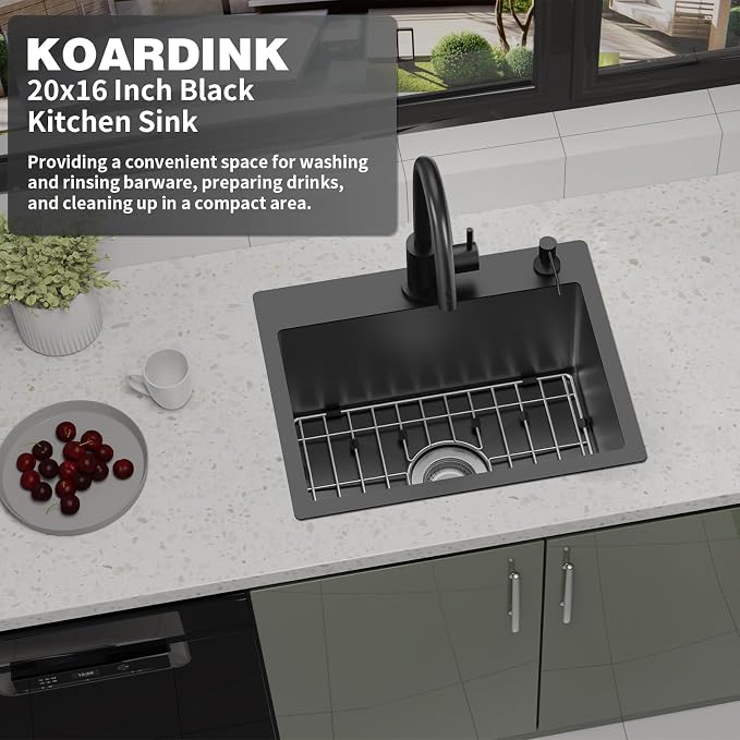 Black 20x16In Drop In Kitchen And Bar Sink, Stainless Steel, Single Bowl | Modern Topmount Bar Sink, Come With Accessory, ideal for small kitchens, bars, prep stations, and utility areas.