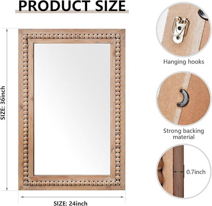 H HOMEWINS Rustic Rectangle Mirror,24x36 Wooden Farmhouse Mirrors,Boho Bathroom Wall-Mounted Nature Beads Decor Mirror for Bedroom, Living Room,Vanity,Entryway,Over Sink