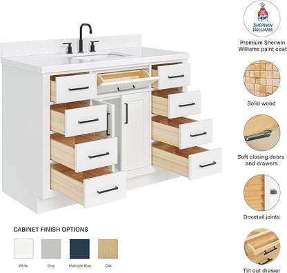 Isabella 48-Inch Bathroom Vanity with Sink — White Single Sink Bathroom Vanity, 1.5" Edge Carrara Quartz Countertop, Solid Wood, 2 Soft-Close Doors, 8 Dovetail Drawers + Tilt Drawer