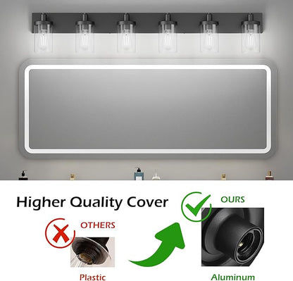 Aipsun 48in Vanity Light Black Bathroom Vanity Lighting Fixtures 6 Light Bathroom Light Fixtures with Clear Glass Shade(Exclude Bulb)