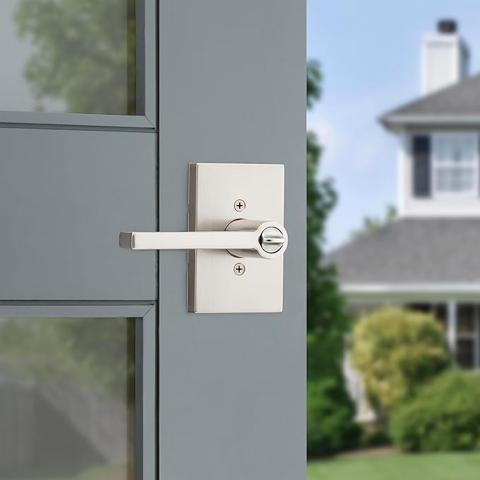 Kwikset Halifax Entry Door Handle with Lock and Key, Secure Keyed Reversible Lever Exterior, for Front Entrance and Bedrooms, Satin Nickel, Pick Resistant Smartkey Rekey Security and Microban