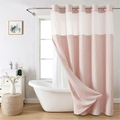 eachope No Hook Linen Texture Shower Curtain with Snap-in Liner,71x86 Blush | Extra Long,230GSM Thick Fabric,Hotel Luxury Decor,Mesh Top Window,Bottom Magnetic,Waterproof & Machine Washable,for Bathroom