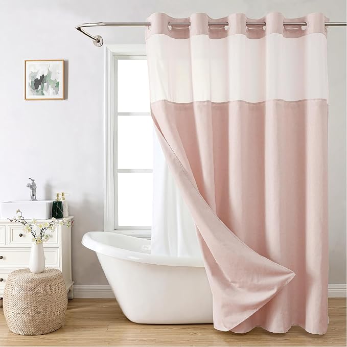 eachope No Hooks Needed Linen Textured Shower Curtain with Snap-in Fabric Liner Set,Blush Hotel Luxury Decor Shower Curtains for Bathroom with Mesh Top Window,Waterproof & Washable,71Wx74H | 230GSM Thick Fabric,Hotel Luxury Decor,Mesh Top Window,Magnet...