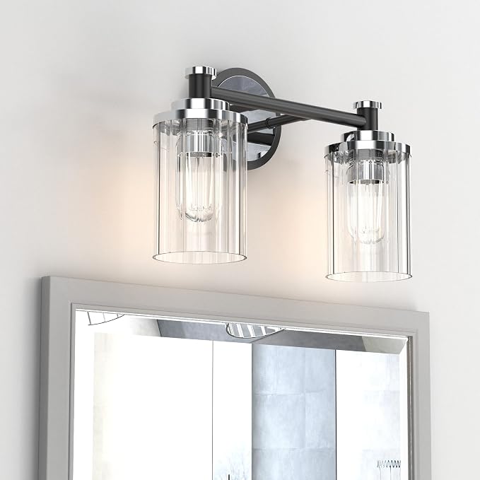 Bathroom Lighting Fixtures Black and Chrome Bathroom Vanity Light with Cylindrical Clear Stripes Glass Lampshade E26 Socket Base Bathroom Lighting Fixtures Over Mirror (2 Lights)