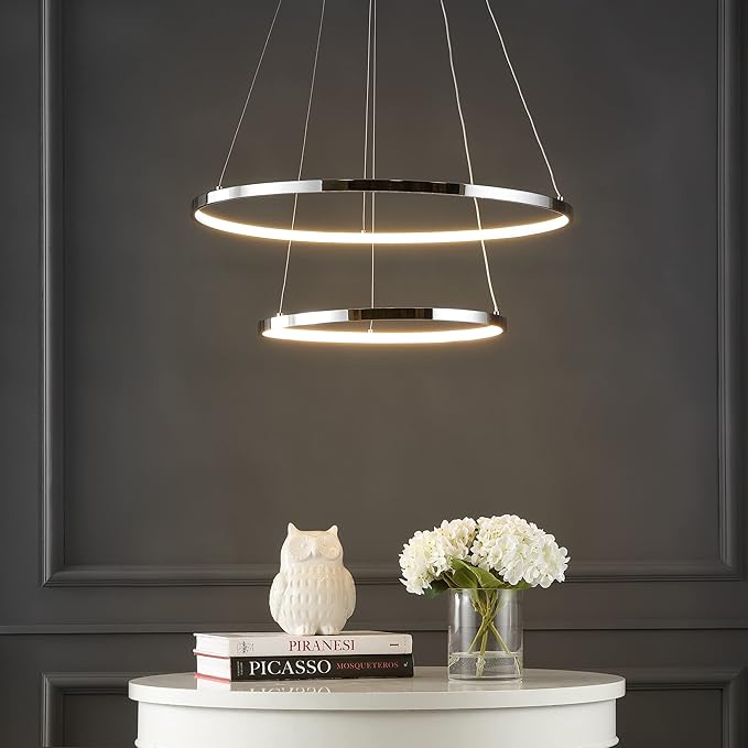 JONATHAN Y 15.75" Chrome 2-Light Modern Integrated LED Pendant Light, Dimmable Round Hoop Chandelier for Kitchen Island, Dining Room, Adjustable Height Metal Hanging Light (JYL7204C)
