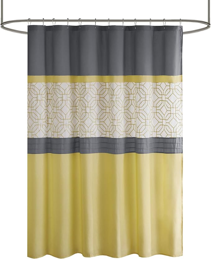 510 DESIGN Shower Curtain, Geometric Textured Embroidery Design with Built-in Liner, Modern Mid-Century Bathroom Decor, Machine Washable, Fabric Privacy Screen, 72x72,Donnell, Yellow/Grey
