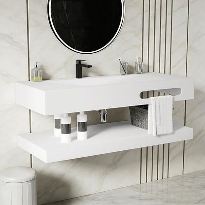 Wall-Mounted Resin Stone 48" Bathroom Sink, Seamless Integrated Vessel Sink with Sloped Design & Open Storage Shelf, Modern Floating Vanity for Bathrooms & Outdoor Spaces
