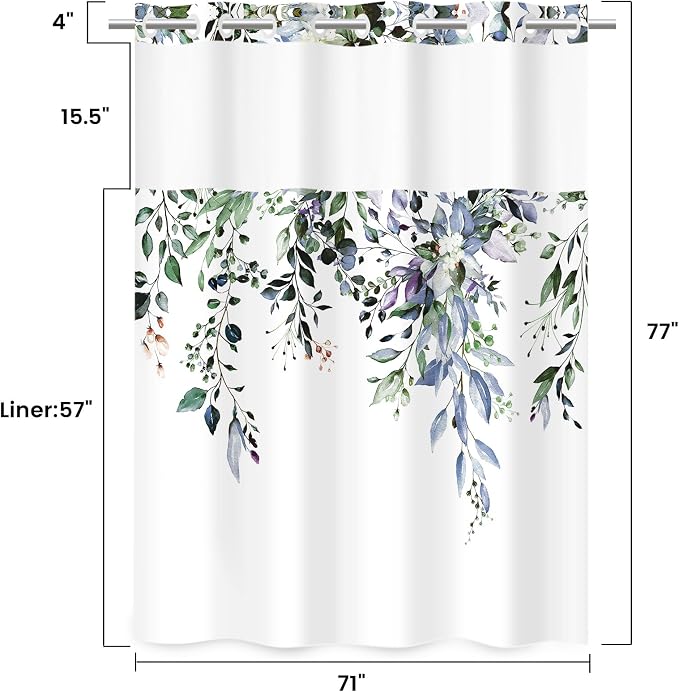 No Hook Floral Shower Curtain with Liner, Eucalyptus Green, 71x77 | Snap in Liner, 3 in 1, Water Repellent, Easy Install, Machine Washable, Hotel Style for Bathroom, Watercolor Pattern
