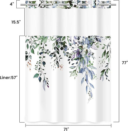 No Hook Floral Shower Curtain with Liner, Eucalyptus Green, 71x77 | Snap in Liner, 3 in 1, Water Repellent, Easy Install, Machine Washable, Hotel Style for Bathroom, Watercolor Pattern