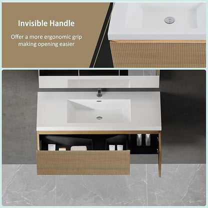 Wall Mounted Bathroom Sink Vanity, Modern 48" Floating Vanity with Resin Basin, U-Shaped Soft-Close Storage Drawer & Side Door, Striped Bathroom Storage Cabinet with Invisible Handle, Wood