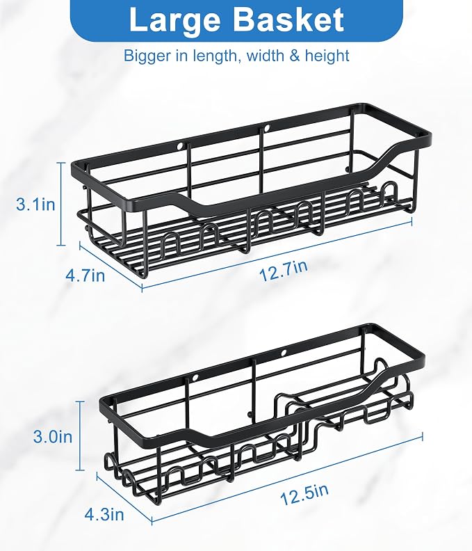 Shower Caddy Adhesive Bathroom Shelf, 2-Pack Rustproof Shower Organizer with Soap Holder, Wall Mounted Shelves for Large Storage with 16 Hooks