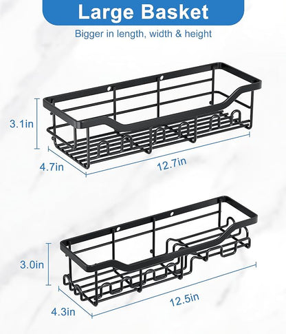 Shower Caddy Adhesive Bathroom Shelf, 2-Pack Rustproof Shower Organizer with Soap Holder, Wall Mounted Shelves for Large Storage with 16 Hooks