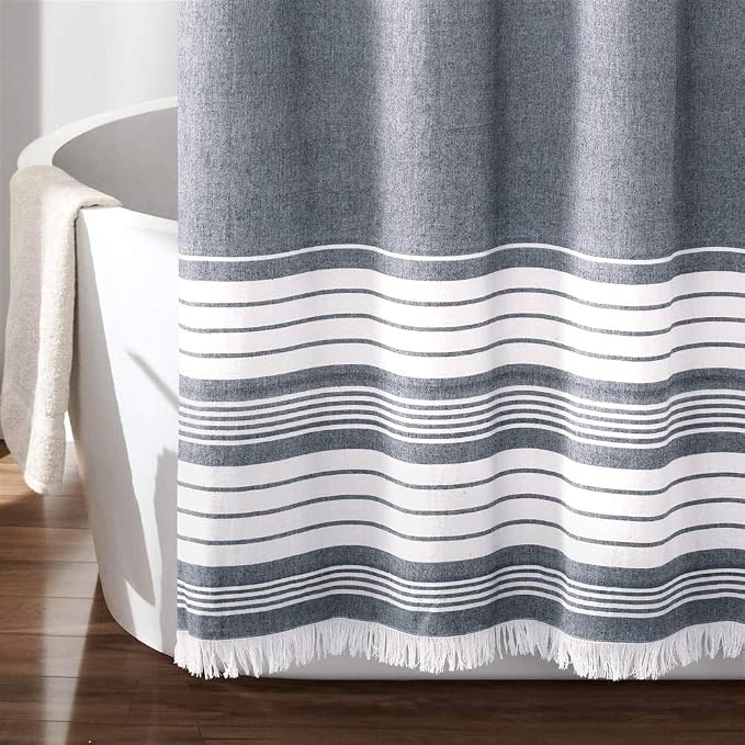 Lush Decor Nantucket Yarn Dyed Cotton Blend Tassel Fringe Shower Curtain Single 72" W x 72" L Navy - Blue Shower Curtains for Bathroom Curtain