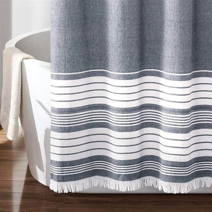 Lush Decor Nantucket Yarn Dyed Cotton Blend Tassel Fringe Shower Curtain Single 72" W x 72" L Navy - Blue Shower Curtains for Bathroom Curtain