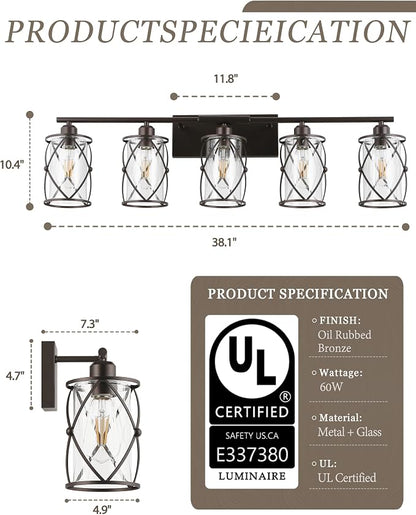 5-Light Oil Rubbed Bronze Bathroom Light Fixtures Over Mirror, 38" UL-Listed Modern Farmhouse Wall Sconce Lights with Clear Glass and Metal Cage for Bath, Hardwire E26, CH9176ORB-5W
