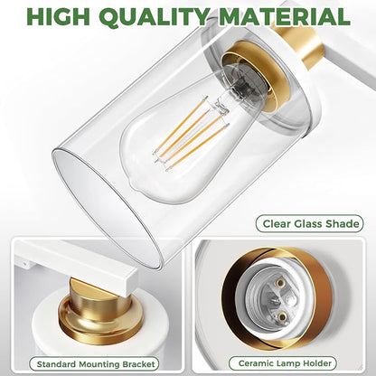 DORESshop 17 Inch 3-Light White Gold Bathroom Vanity Light | Modern White Vanity Light Fixture, Clear Glass Shade Bathroom Wall Light, Mirror Lighting for Bedroom Living Room