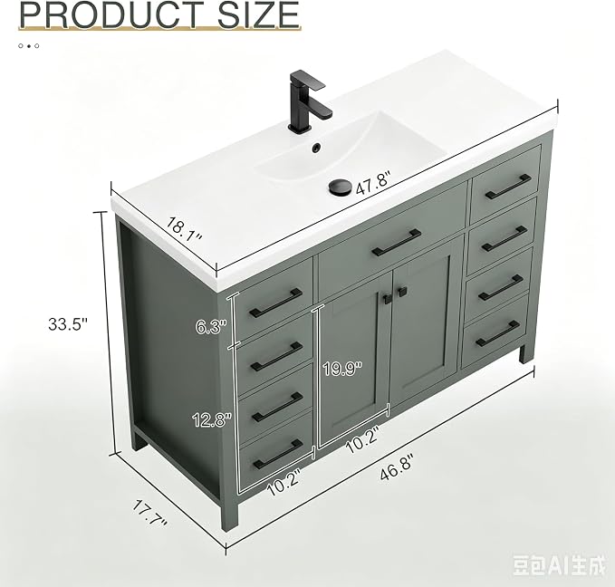 LUCKWIND 48" Modern Bathroom Vanity with Sink Combo, Contemporary Painted Storage Cabinet and Single White Sink, Include Soft-Closing Doors & Matte Black Faucet, Green