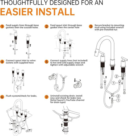 Brushed Gold Pull Down Bathroom Faucet with Pop-up Drain, 8 inch Widespread Bathroom Faucet 3 Hole with Pull Down Sprayer 2 Modes. 8'' Brushed Gold Bathroom Faucet with Supply Lines