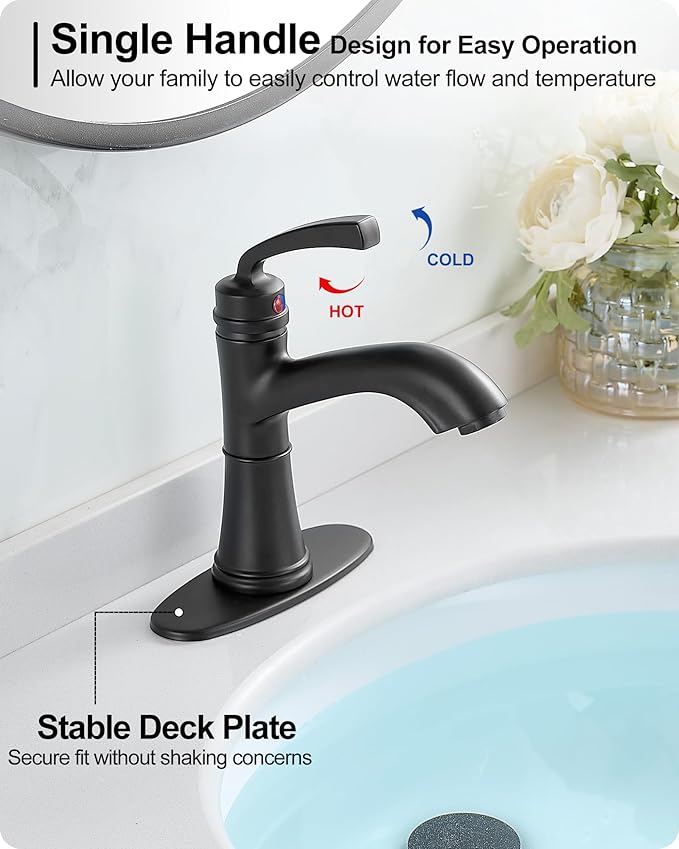 Brass Bathroom Faucets One Hole, Black Bathroom Sink Faucet 4 Inch Single Handle Bathroom Faucet 3 Hole, Vanity Faucet with Deck Plate & Pop-up Drain, No Splashing