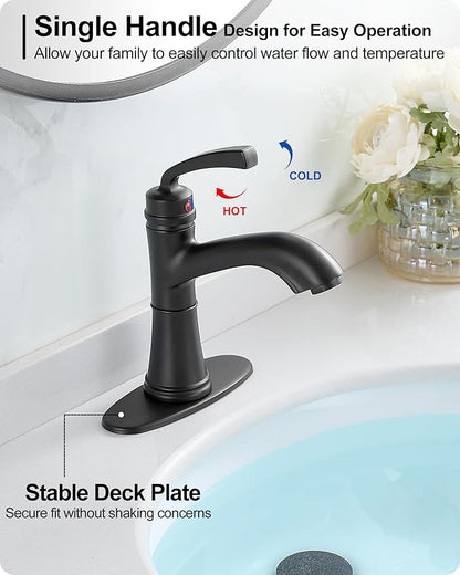Brass Bathroom Faucets One Hole, Black Bathroom Sink Faucet 4 Inch Single Handle Bathroom Faucet 3 Hole, Vanity Faucet with Deck Plate & Pop-up Drain, No Splashing