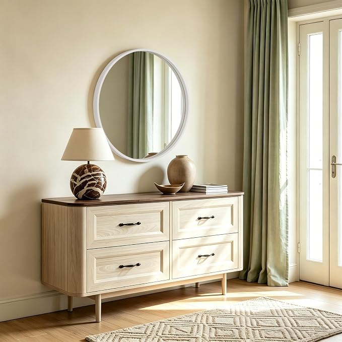 Round Wood Mirror 32 inch Circle Wall Mirror for Bathroom Round Wall Mirror for Wall Decor, Vanity, Entryway Living Room (White)