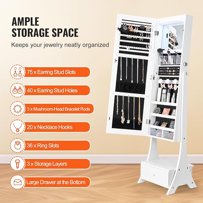 VEVOR Jewelry Cabinet Armoire, 62-Inch Tall Lockable Jewelry Organizer with Full-Length Mirror, LED Light, Velvet Lining, Drawer, Freestanding, White