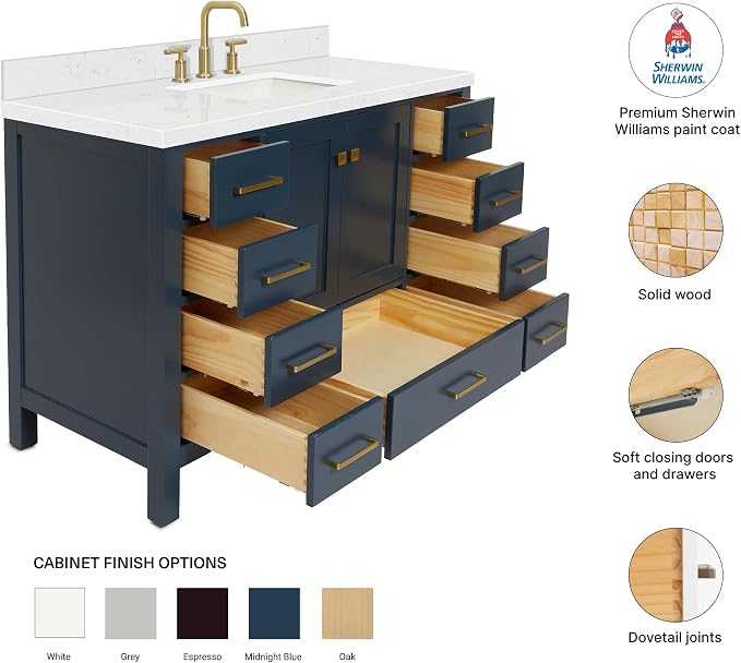 Beckford 48-Inch Bathroom Vanity with Sink — Midnight Blue Single Sink Bathroom Vanity, 1.5" Edge Carrara White Quartz Countertop, Solid Wood, 2 Soft-Close Doors, 9 Dovetail Drawers