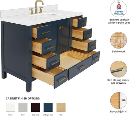 Beckford 48-Inch Bathroom Vanity with Sink — Midnight Blue Single Sink Bathroom Vanity, 1.5" Edge Carrara White Quartz Countertop, Solid Wood, 2 Soft-Close Doors, 9 Dovetail Drawers