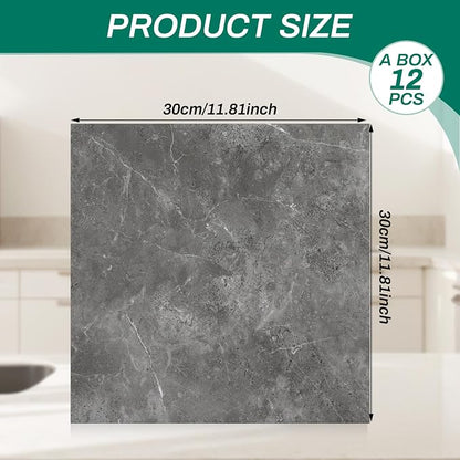 Peel and Stick Gray Marble Wall Tiles for Backsplash 11.8" x 11.8", 12-Pack | PVC Self Adhesive Wall Panels, Waterproof, Heat Resistant, Stick on Backsplash for Kitchen, Bathroom, Laundry room