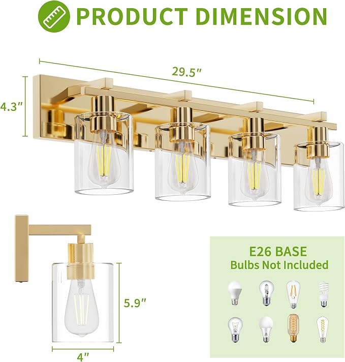 4-Light 30inch Brushed Gold Vanity Light, Thickened Clear Glass | Over Mirror for Bathroom, Rust Resistant, E26 Base, Easy Install, Removable Glass Shade Horizontal Mount, Dimmable
