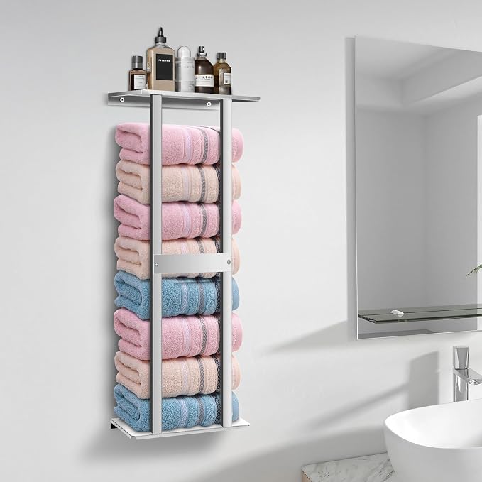 Bathroom Towel Storage Rack, Wall Mounted Bathroom Towel Rack | 30 inch Heavy Duty 6 Large Towels, Wall Mounted Towel Rack for Rolled Towels, Silver