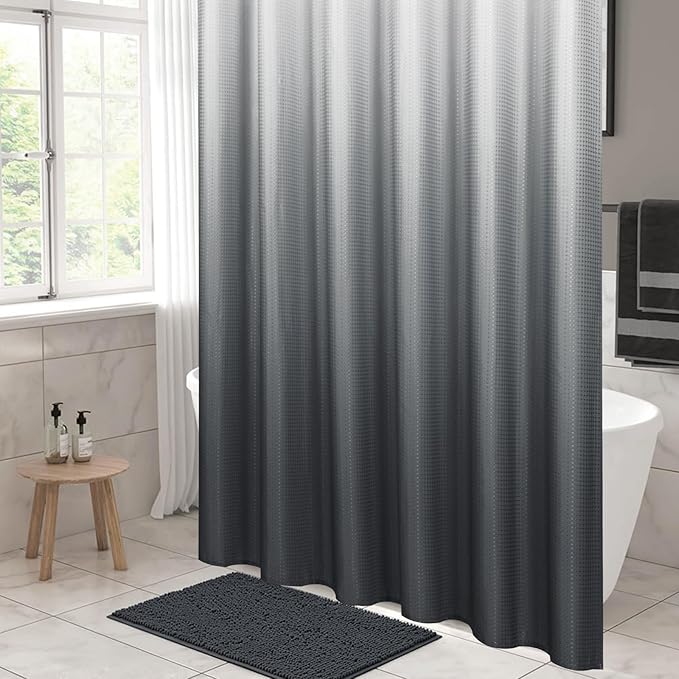 MitoVilla Grey Ombre Waffle Fabric Shower Curtain, Modern Waffle Weave Textured Shower Curtains for Luxury Rustic Bathroom Decor, Vintage Weighted Bathroom Shower Curtain, 72 x 72