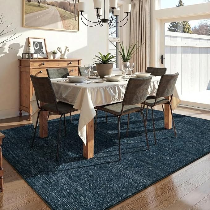 Garvee Modern Living Room Rugs 9x12 Dining Room Rugs for Under Table, Navy | Machine Washable Non Slip Solid Color Non Shedding Low Pile Stain Resistant Foldable Neutral Soft Rug for Bedroom Nursery