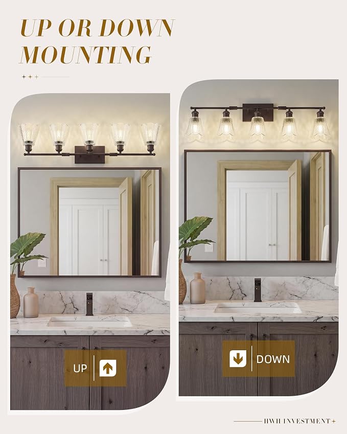HWH Rustic Bathroom Light Fixture, Clear Floral Glass, 5HJX110B-5W ORB | Oil-Rubbed Bronze Finish, 34 Inch Bathroom Vanity Light Over Mirror, Vanity Lights for Bedroom, Sized At 34 In Fixture Size