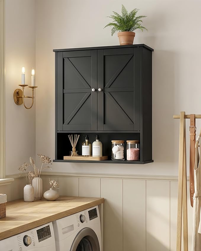 23.6" W x 27.6" H Large Black Bathroom Wall Cabinet with Adjustable Shelf, Farmhouse Medicine Cabinet with 2 Barn Doors, Wooden Over The Toilet Storage Cabinet for Kitchen, Laundry, Entryway