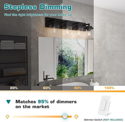 Bathroom Vanity Light, Clear Glass Shade 4 Lights Morden Bathroom Lighting Fixtures Over Mirror, Black Bathroom Light Vanity Fixtures for Bathroom/Living Room/Bedroom