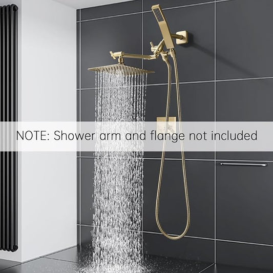 G-Promise All Metal 8-Inch Dual Square Shower Head Combo, Rain Shower Head, Handheld Shower Wand with 71-Inch Extra Long Hose, 3-Way Diverter, Adjustable Extension Arm, Brushed Gold | Built to Last, Easy Install, Adjustable Height & Angle for All Heigh...
