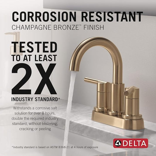 Delta Nicoli Centerset Brushed Gold Bathroom Faucet with Sprayer, 4 Inch 3 Hole Bathroom Sink Faucet with Pull Out Sprayer, Push-Pop Drain, Champagne Bronze 25749LF-CZ