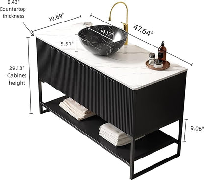 Ambrovina 48" Bathroom Vanity with Vessel Sink, Freestanding Bathroom Storage Cabinet with 3 Doors and Open Shelf, Bowl Shape Ceramic Basin and Carrara White Sintered Stone Countertop, Gloss Black