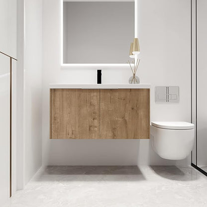 36" Floating Bathroom Vanity with Sink, 36 inch Sinle Sink Mordern Wall Mounted Bathroom Vanity Combo, Brown Bath Wall Hung Cabinet Set with Storage (006-Imitative Oak, 36 * 18)