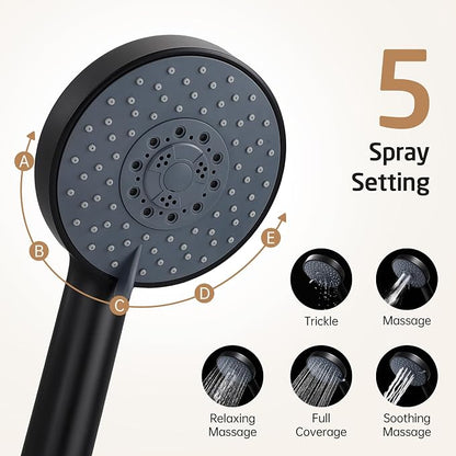 KES Adjustable Shower Head Holder with Slide Bar Combo, Handheld Shower Head with Hose 5-Function Handheld Shower Kit with Handheld Set Matte Black, F204-BK-C1