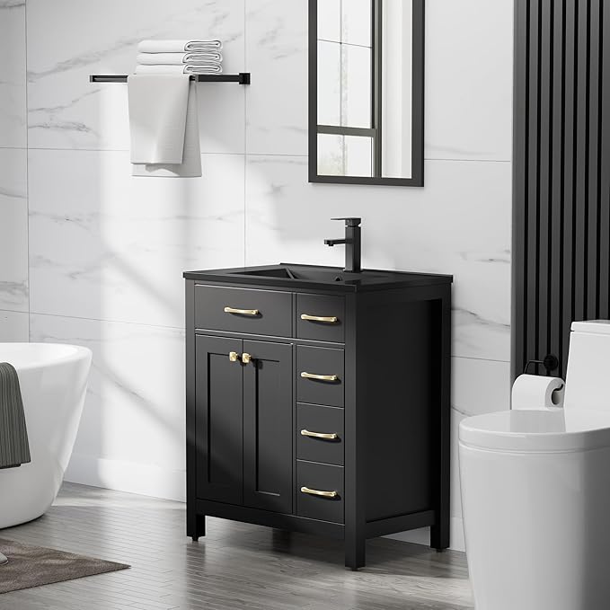 LUCKWIND 30" Modern Bathroom Vanity with Sink, Painted Storage Cabinet with Undermounted Black Sink, Two Doors and Three Drawers, Include Faucet Without Mirror, Black